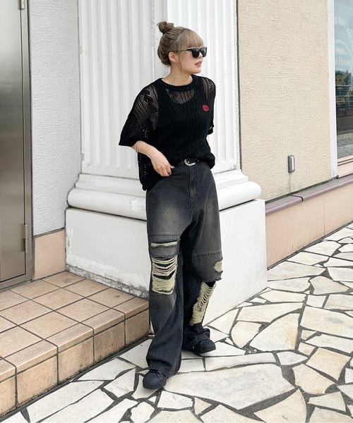 sedacle(セダクル)の「バイパターン透かしニット(Tシャツ/カットソー・レディース・アイボリー/レッド/ブラック・SMALL/LARGE/MEDIUM)」の18枚目の写真