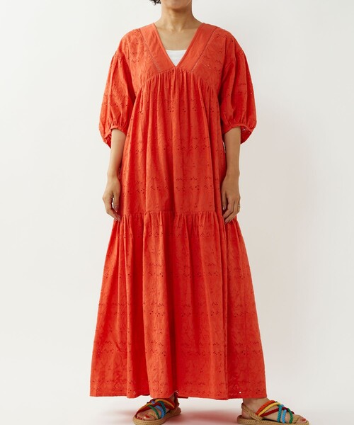 【Freada】インド綿　配色刺繍ロングワンピース　オレンジ　希少　フリーダ Freada】インド綿 配色刺繍ロングワンピース オレンジ 希少