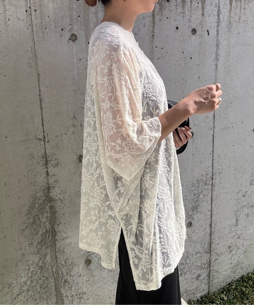 y/m by misato（イムバイミサト）の「レースジャガードオーバーサイズトップス（シャツ/ブラウス・レディース・ブラック/オフホワイト・FREE）」の4枚目の写真