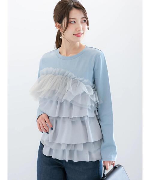 Te chichi（テチチ）の「【貴島明日香コラボ】フリルコンビトップス（Tシャツ/カットソー・レディース・サックスブルー/オフホワイト/チャコールグレー・F）」の4枚目の写真