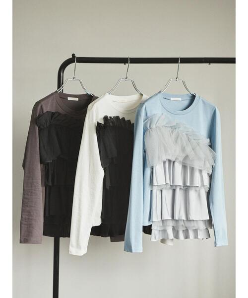 Te chichi（テチチ）の「【貴島明日香コラボ】フリルコンビトップス（Tシャツ/カットソー・レディース・サックスブルー/オフホワイト/チャコールグレー・F）」の5枚目の写真