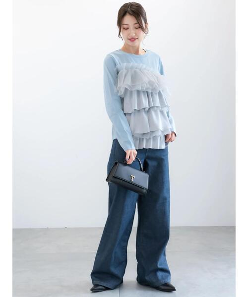 Te chichi（テチチ）の「【貴島明日香コラボ】フリルコンビトップス（Tシャツ/カットソー・レディース・サックスブルー/オフホワイト/チャコールグレー・F）」の6枚目の写真