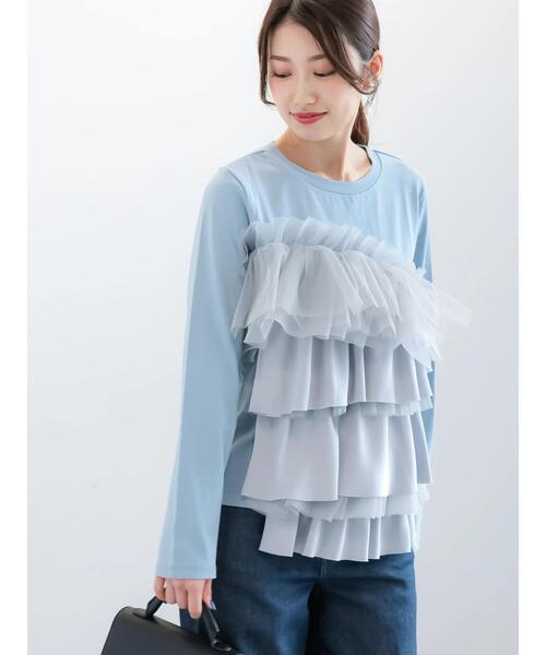 Te chichi（テチチ）の「【貴島明日香コラボ】フリルコンビトップス（Tシャツ/カットソー・レディース・サックスブルー/オフホワイト/チャコールグレー・F）」の8枚目の写真