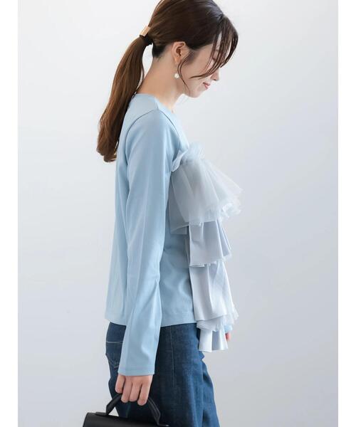 Te chichi（テチチ）の「【貴島明日香コラボ】フリルコンビトップス（Tシャツ/カットソー・レディース・サックスブルー/オフホワイト/チャコールグレー・F）」の9枚目の写真