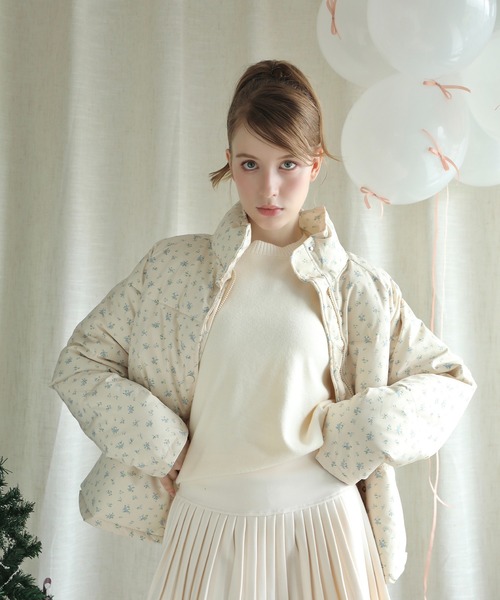 Jasmine】花柄スタンドカラーダウンジャケットショート丈（ダウン