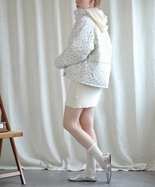 セール】【Jasmine】花柄スタンドカラーダウンジャケットショート丈