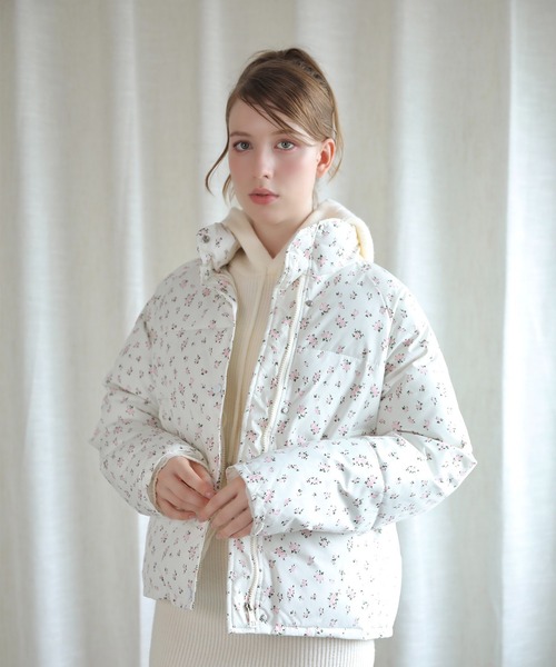 セール】【Jasmine】花柄スタンドカラーダウンジャケットショート丈