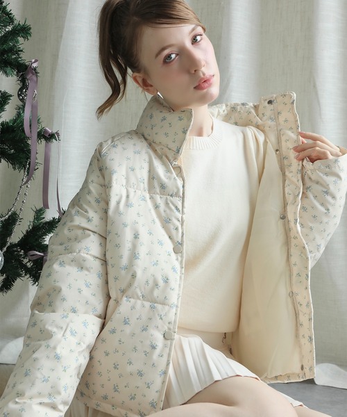 Jasmine】花柄スタンドカラーダウンジャケットショート丈（ダウン