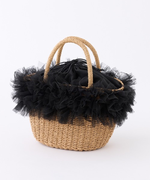 one after another NICE CLAUP(ワンアフターアナザーナイスクラップ)の「チュール付きペーパーバッグ(かごバッグ・レディース・グレー/ピンク/ブラック・FREE)」の1枚目の写真