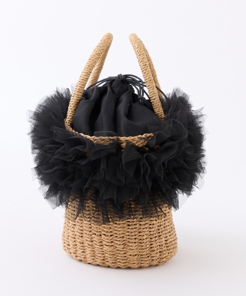 one after another NICE CLAUP(ワンアフターアナザーナイスクラップ)の「チュール付きペーパーバッグ(かごバッグ・レディース・グレー/ピンク/ブラック・FREE)」の7枚目の写真