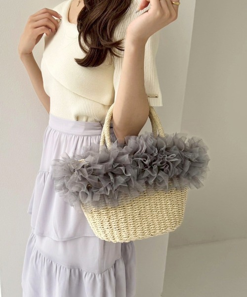 one after another NICE CLAUP(ワンアフターアナザーナイスクラップ)の「チュール付きペーパーバッグ(かごバッグ・レディース・グレー/ピンク/ブラック・FREE)」の20枚目の写真