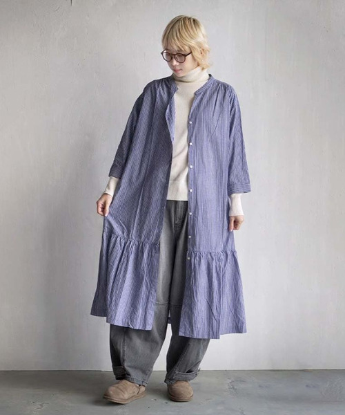 e-zakkamania stores(イーザッカマニアストアーズ)の「ストライプ柄 スキッパー シャツワンピース(シャツワンピース・レディース・ブルー・フリー)」の2枚目の写真