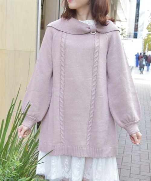 axes femme（アクシーズファム）の「リボン襟ニットミニワンピ（チュニック・レディース・ピンク/チャコール/サックスブルー・FREE）」の3枚目の写真