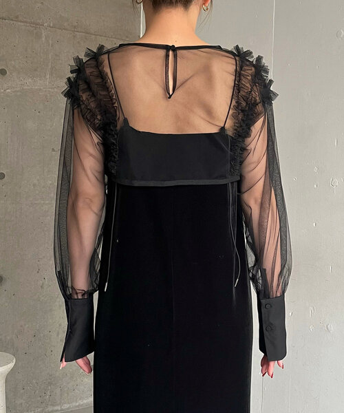 【CAPRICIEUX LE'MAGE】チュールフリルベロアワンピース セール】【オケージョン】【サイズ展開あり】チュールフリルベロア