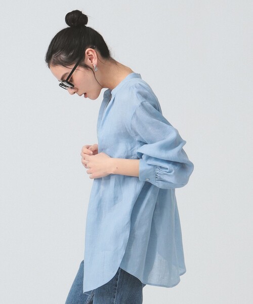Ray BEAMS リネンキーネックシャツ　ブルー セール】リネン キーネック シャツ（シャツ/ブラウス）｜Ray