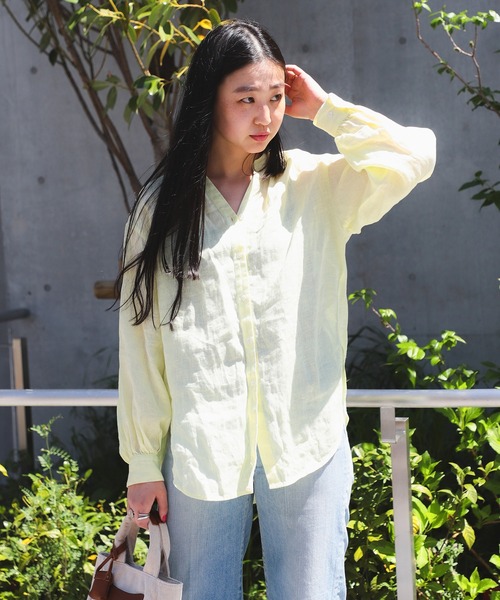 Ray BEAMS リネンキーネックシャツ　ブルー Ray BEAMS（レイ ビームス）リネン キーネック シャツ（シャツ