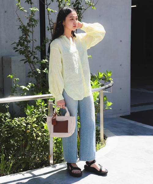 Ray BEAMS リネンキーネックシャツ　ブルー セール】リネン キーネック シャツ（シャツ/ブラウス）｜Ray