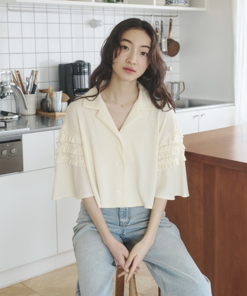 セール】フリルスリーブ開襟ブラウス（シャツ/ブラウス）｜REMOON