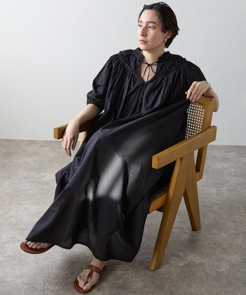 Indian cambric neck gather frill one-piece インドキャンブリック