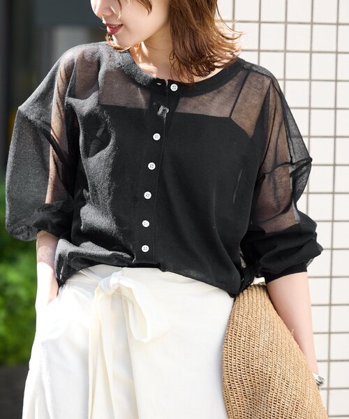 SLOBE IENA（スローブイエナ）の「シアーラミーカーディガン（カーディガン/ボレロ・レディース・ブラック/アイボリー/ピンク・FREE）」の13枚目の写真