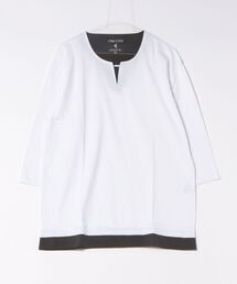 【汗染みの目立ちにくいTシャツ ZEROSTAIN/ゼロステイン】フェイクレイヤード ビッグシルエット キーネック クルーネック 7分袖Tシャツ 防汚 UVカット 綿タッチ・厚手