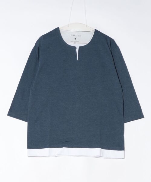LB/S (エルビーエス)の「【汗染みの目立ちにくいTシャツ ZEROSTAIN/ゼロステイン】フェイクレイヤード ビッグシルエット キーネック クルーネック 7分袖Tシャツ 防汚 UVカット 綿タッチ・厚手(Tシャツ/カットソー・メンズ・ホワイト系その他2/ベージュ系その他/ブラック系その他/ブルー系その他2/ホワイト系その他/スミクロ/ブルー系その他・MEDIUM/LARGE/X-LARGE)」の6枚目の写真
