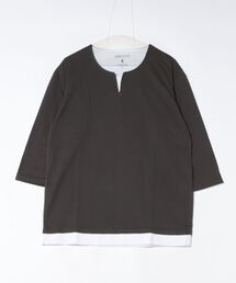 【汗染みの目立ちにくいTシャツ ZEROSTAIN/ゼロステイン】フェイクレイヤード ビッグシルエット キーネック クルーネック 7分袖Tシャツ 防汚 ＵＶカット 綿タッチ・厚手