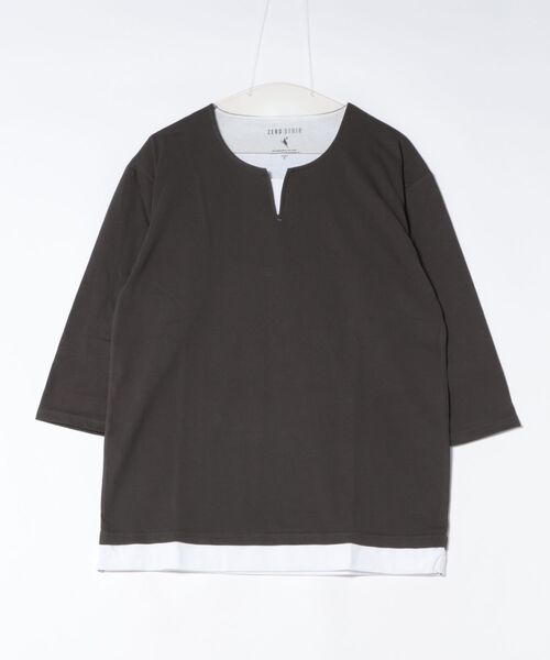 LB/S (エルビーエス)の「【汗染みの目立ちにくいTシャツ ZEROSTAIN/ゼロステイン】フェイクレイヤード ビッグシルエット キーネック クルーネック 7分袖Tシャツ 防汚 UVカット 綿タッチ・厚手(Tシャツ/カットソー・メンズ・ホワイト系その他2/ベージュ系その他/ブラック系その他/ブルー系その他2/ホワイト系その他/スミクロ/ブルー系その他・MEDIUM/LARGE/X-LARGE)」の4枚目の写真