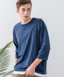 【汗染みの目立ちにくいTシャツ ZEROSTAIN/ゼロステイン】フェイクレイヤード ビッグシルエット キーネック クルーネック 7分袖Tシャツ 防汚 UVカット 綿タッチ・厚手