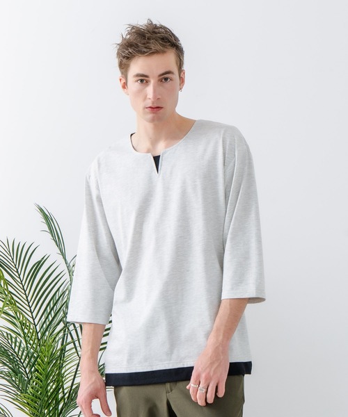 LB/S (エルビーエス)の「【汗染みの目立ちにくいTシャツ ZEROSTAIN/ゼロステイン】フェイクレイヤード ビッグシルエット キーネック クルーネック 7分袖Tシャツ 防汚 UVカット 綿タッチ・厚手(Tシャツ/カットソー・メンズ・ホワイト系その他2/ベージュ系その他/ブラック系その他/ブルー系その他2/ホワイト系その他/スミクロ/ブルー系その他・MEDIUM/LARGE/X-LARGE)」の20枚目の写真