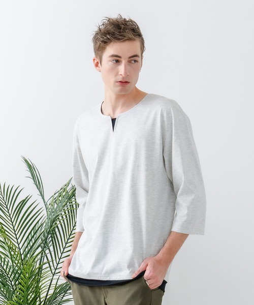 LB/S (エルビーエス)の「【汗染みの目立ちにくいTシャツ ZEROSTAIN/ゼロステイン】フェイクレイヤード ビッグシルエット キーネック クルーネック 7分袖Tシャツ 防汚 UVカット 綿タッチ・厚手(Tシャツ/カットソー・メンズ・ホワイト系その他2/ベージュ系その他/ブラック系その他/ブルー系その他2/ホワイト系その他/スミクロ/ブルー系その他・MEDIUM/LARGE/X-LARGE)」の21枚目の写真
