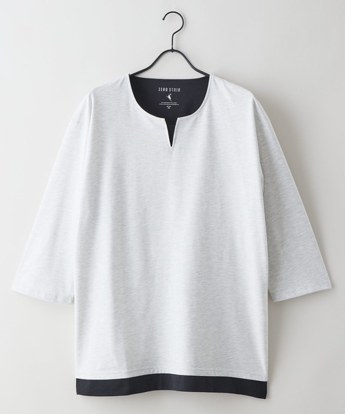 LB/S (エルビーエス)の「【汗染みの目立ちにくいTシャツ ZEROSTAIN/ゼロステイン】フェイクレイヤード ビッグシルエット キーネック クルーネック 7分袖Tシャツ 防汚 UVカット 綿タッチ・厚手(Tシャツ/カットソー・メンズ・ホワイト系その他2/ベージュ系その他/ブラック系その他/ブルー系その他2/ホワイト系その他/スミクロ/ブルー系その他・MEDIUM/LARGE/X-LARGE)」の8枚目の写真