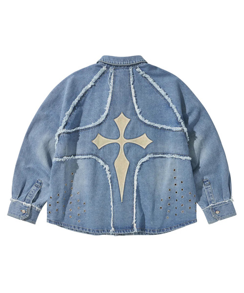 LIBERE（リベーレ）の「LIBERE リベーレ / MODIFIED CROSS OVERSIZED SHIRTS VER-2 レザークロスパッチオーバーサイズデニムシャツ / 251228（シャツ/ブラウス・メンズ・ブルー・LARGE/MEDIUM/SMALL）」の18枚目の写真