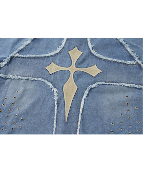 LIBERE（リベーレ）の「LIBERE リベーレ / MODIFIED CROSS OVERSIZED SHIRTS VER-2 レザークロスパッチオーバーサイズデニムシャツ / 251228（シャツ/ブラウス・メンズ・ブルー・LARGE/MEDIUM/SMALL）」の9枚目の写真
