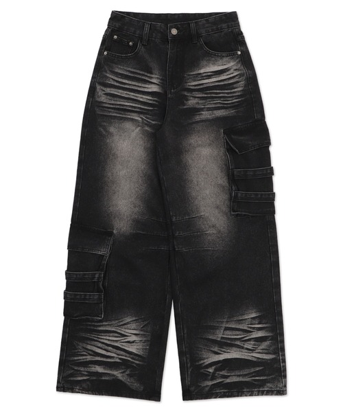 Figments（フィグメンツ）の「ブラスト加工ワイドカーゴパンツ（デニムパンツ・レディース・ブラック・MEDIUM/SMALL/LARGE）」の3枚目の写真
