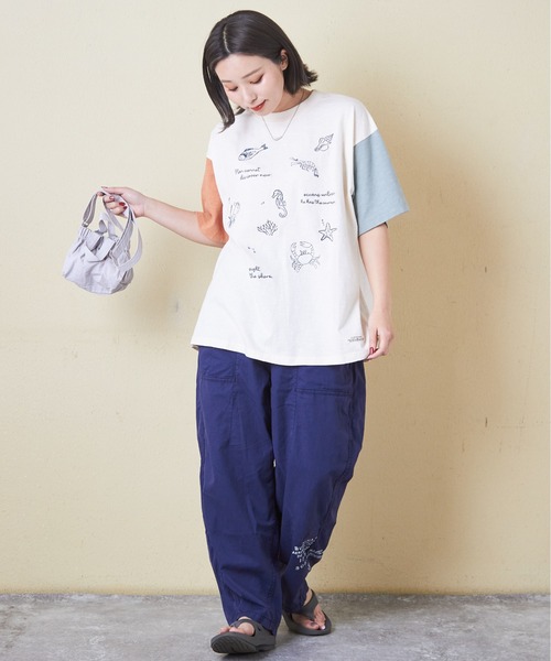 CUBE SUGAR（キューブシュガー）の「32/-スラブ天竺マリン刺繍Tシャツ（Tシャツ/カットソー・レディース・スミクロ/ナチュラル/オレンジ/マルチ/ブルー・M）」の21枚目の写真