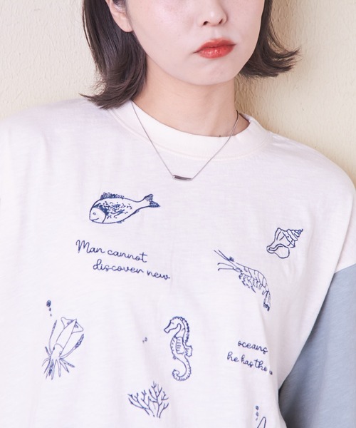 CUBE SUGAR（キューブシュガー）の「32/-スラブ天竺マリン刺繍Tシャツ（Tシャツ/カットソー・レディース・スミクロ/ナチュラル/オレンジ/マルチ/ブルー・M）」の20枚目の写真