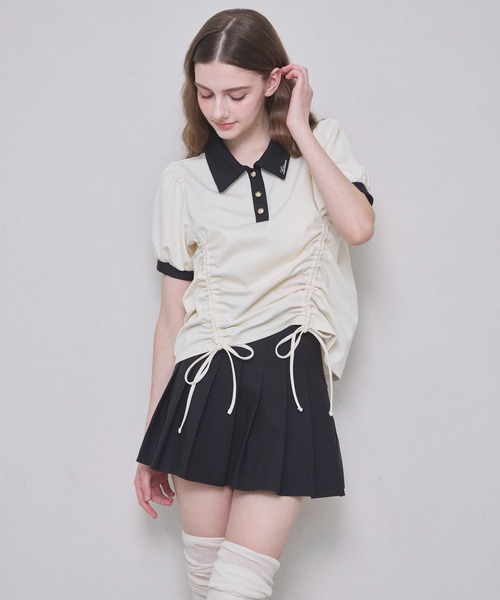 Lallana ギャザーリボンポロトップ　アイボリー　フリーサイズ　美品 ギャザーリボンポロトップ（その他トップス）｜Lallana