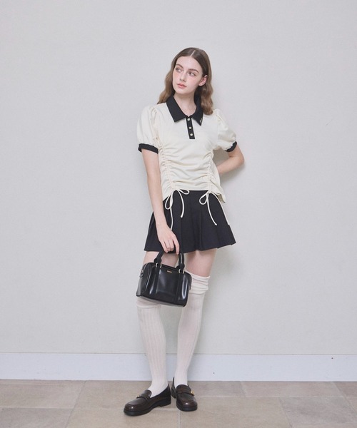 Lallana ギャザーリボンポロトップ　アイボリー　フリーサイズ　美品 ギャザーリボンポロトップ（その他トップス）｜Lallana