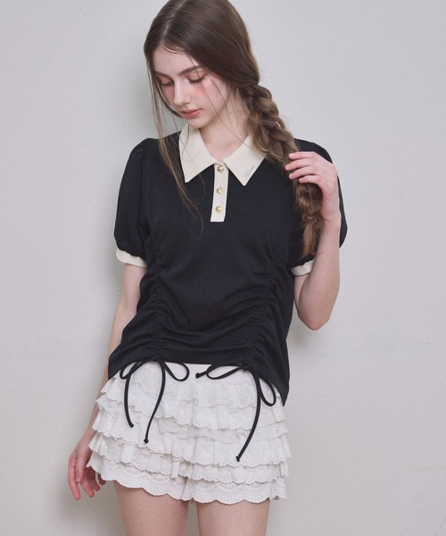 Lallana ギャザーリボンポロトップ　アイボリー　フリーサイズ　美品 ギャザーリボンポロトップ（その他トップス）｜Lallana