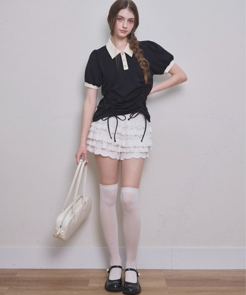 Lallana ギャザーリボンポロトップ　アイボリー　フリーサイズ　美品 ギャザーリボンポロトップ（その他トップス）｜Lallana