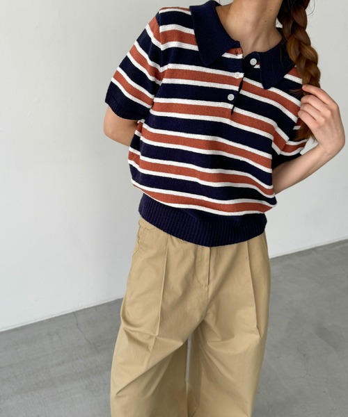 CANAL JEAN(キャナルジーン)の「El mar コットンボーダー半袖ポロ(ポロシャツ・レディース・ブラウン・ONE SIZE)」の1枚目の写真