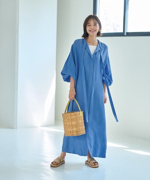 綿麻混紡ロングボウタイギャザーワンピース（ワンピース