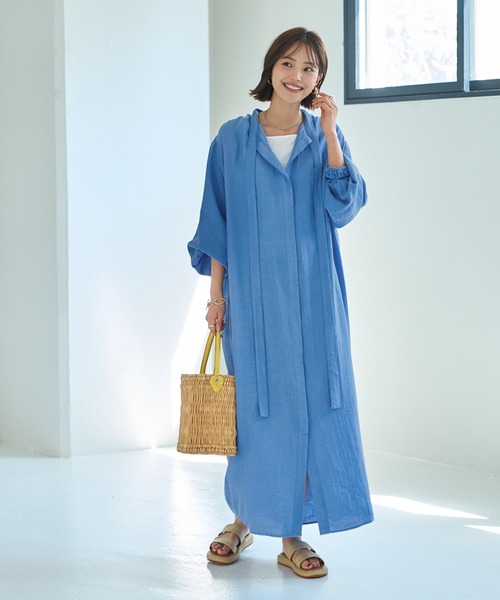 綿麻混紡ロングボウタイギャザーワンピース（ワンピース
