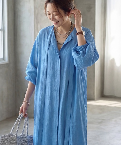 STYLE DELI（スタイルデリ）の「綿麻混紡ロングボウタイギャザーワンピース（ワンピース・レディース・ブルー/ホワイト系その他・1/2）」の17枚目の写真