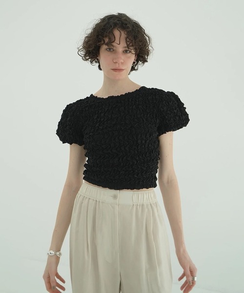 CLANE（クラネ）の「W FACE SHIRRING CRROPED TOPS（Tシャツ/カットソー・レディース・ブラウン/アイボリー/ブラック・1/2）」の12枚目の写真