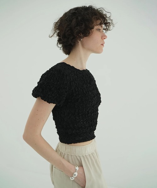 CLANE（クラネ）の「W FACE SHIRRING CRROPED TOPS（Tシャツ/カットソー・レディース・ブラウン/アイボリー/ブラック・1/2）」の13枚目の写真