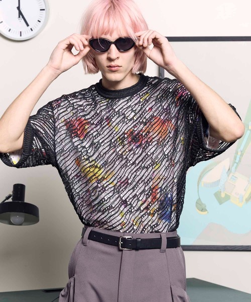 UNISEX》Prime-Over Random Mesh Crew Neck Knit T-shirt
