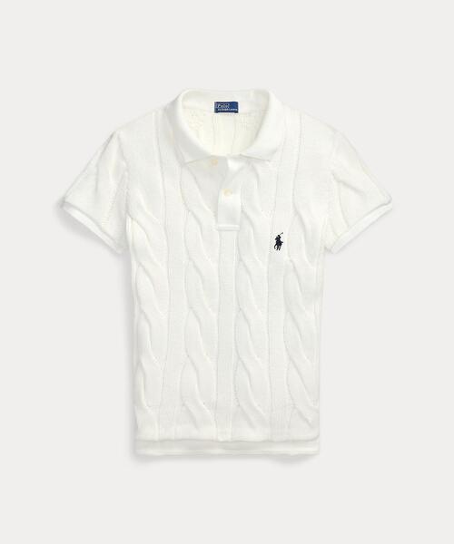 Polo ケーブル編みポロシャツ M ホワイト ケーブルニット コットン ロングスリーブ ポロシャツ