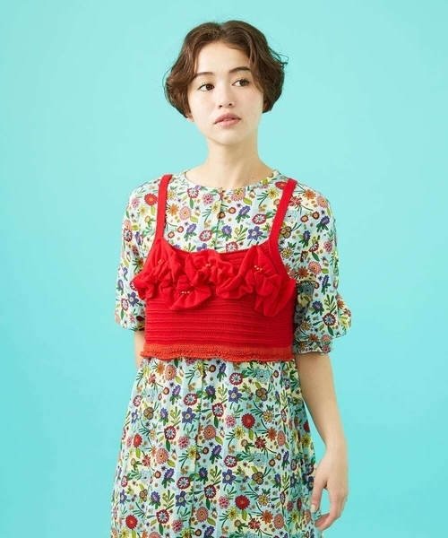 Jocomomola(ホコモモラ)の「Fruto フリルニットビスチェ(ニット/セーター・レディース・ダークインディゴブルー/レッド・40)」の3枚目の写真
